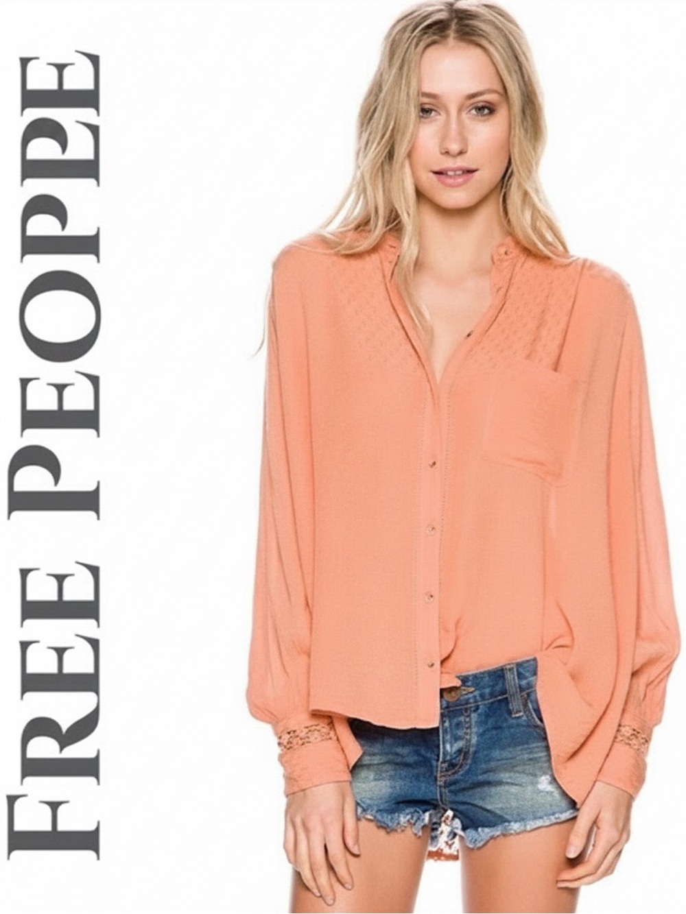FRee People Peach The Best Button Down Top •NWOT • 28" p2p, 28"(F) 30"(B) length
